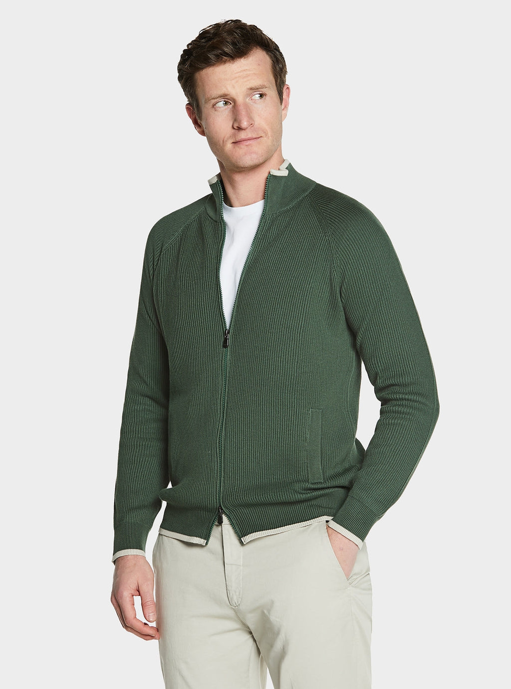 Ribbstickad cardigan med dragkedja i 100 % bomull