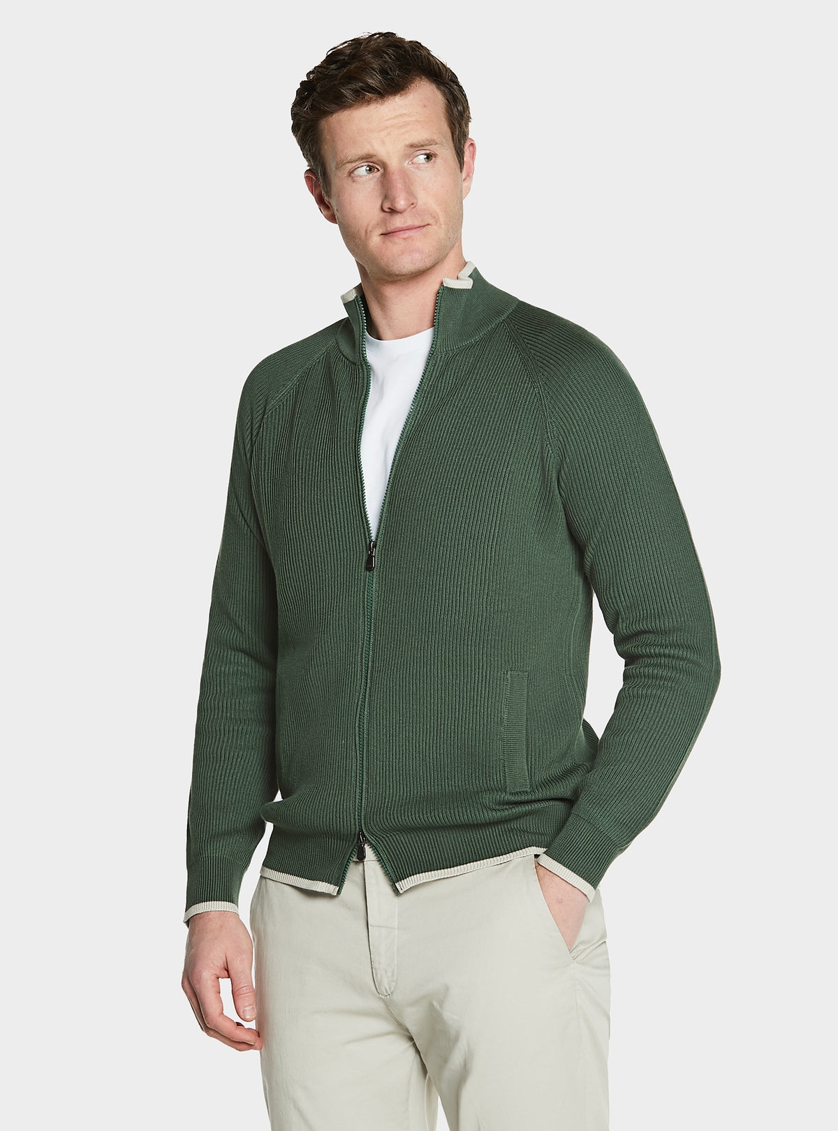 Ribbstickad cardigan med dragkedja i 100 % bomull