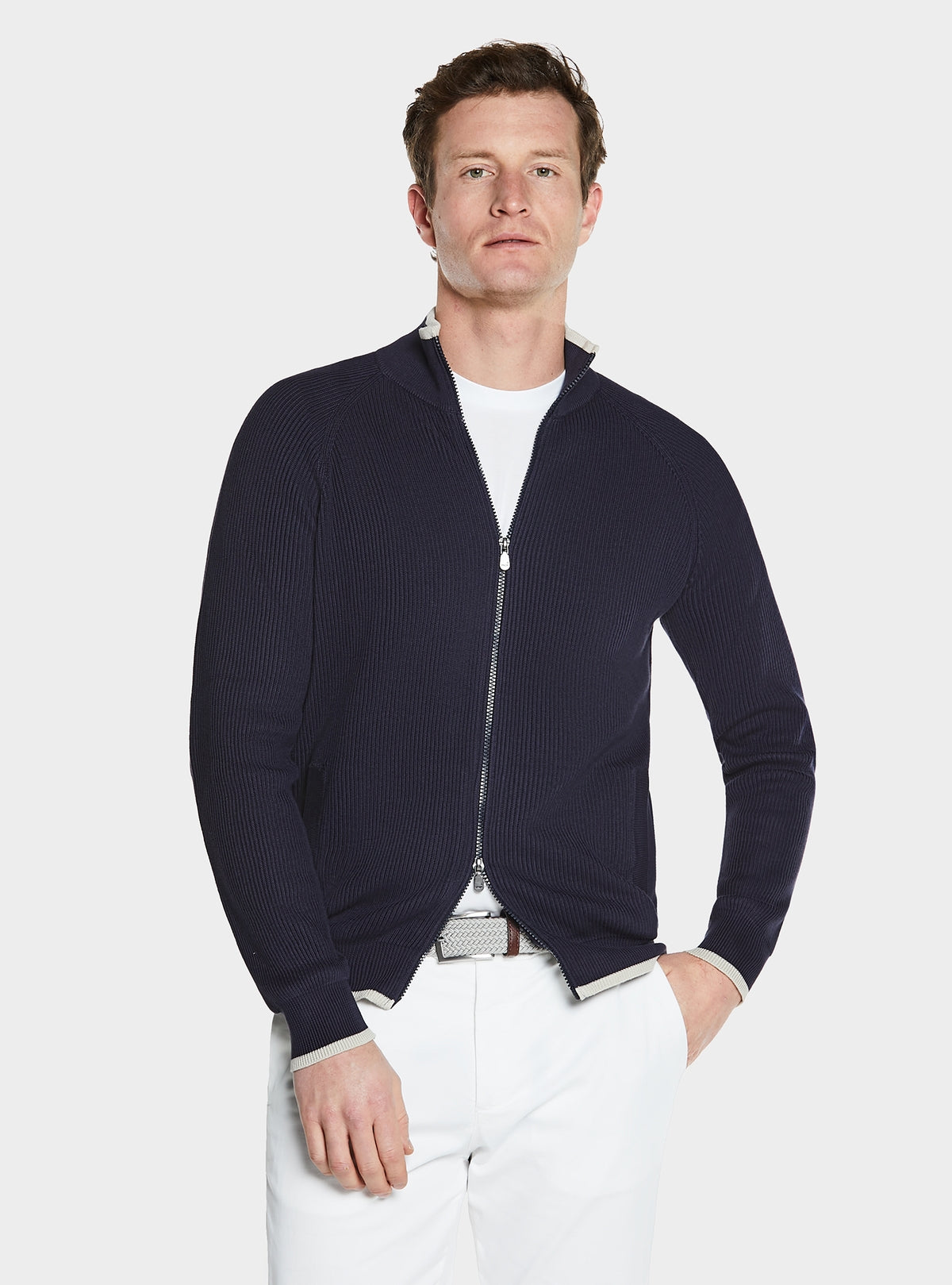 Ribbstickad cardigan med dragkedja i 100 % bomull