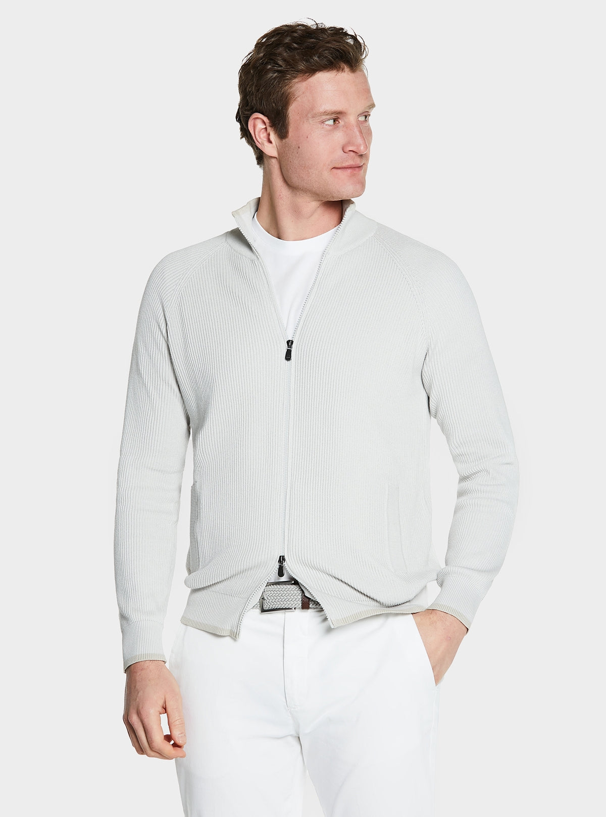 Ribbstickad cardigan med dragkedja i 100 % bomull