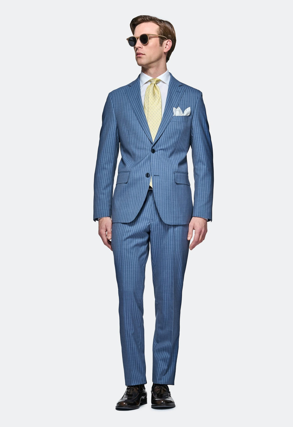 Azure Blue Kostym med Kritstrecksränder i 100 % Ull – Regular Fit