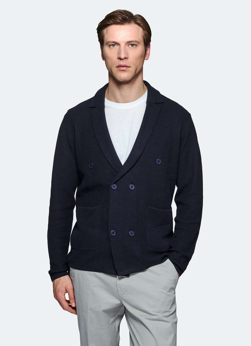 Dubbelknäppt Stickad Cardigan i Bomull
